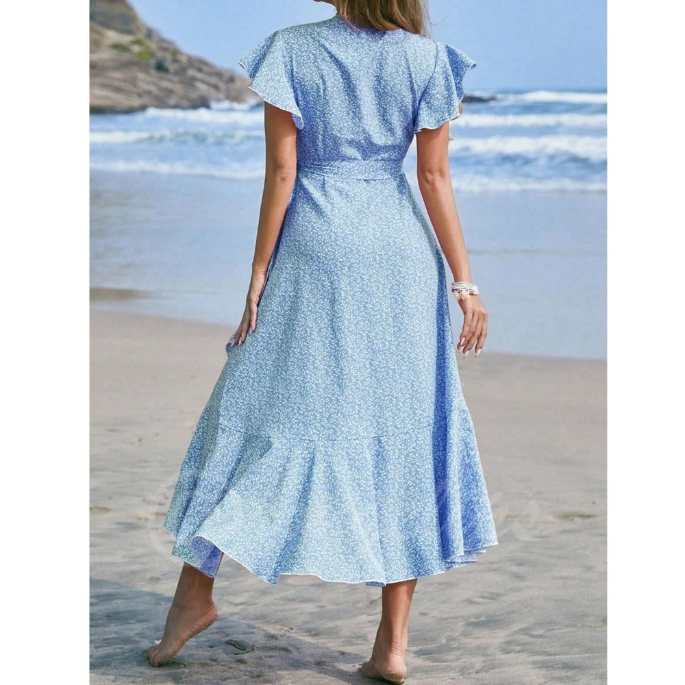 Boho Light Blue Floral Dress  V neck Ruffle Hem Ankle Length, A Line Wrap Style - Picture 4 of 8